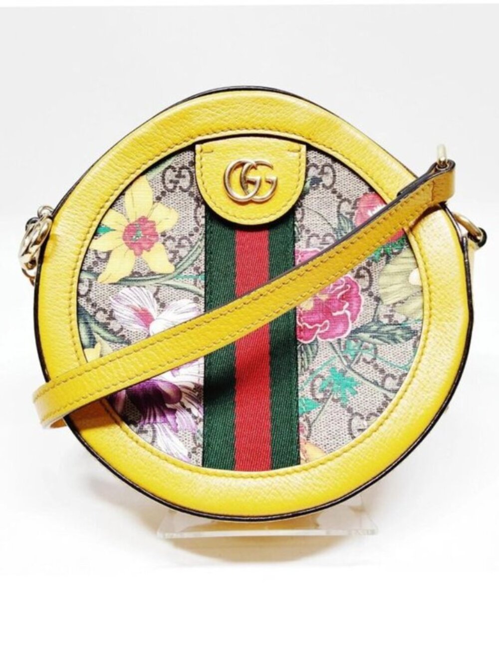 Authentic Gucci Ophidia Flora Round Mini Crossbody Bag Yellow Leather GG Supreme - Picture 2 of 16
